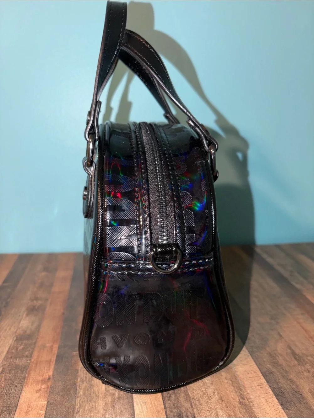 Von Dutch Black Holographic Onyx Logo Bowling Bag Detachable Strap NWOT